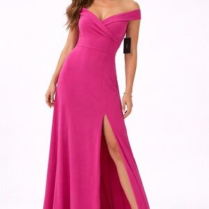 Lulu's Off-Shoulder Hot Pink Maxi Gown with Side Slit